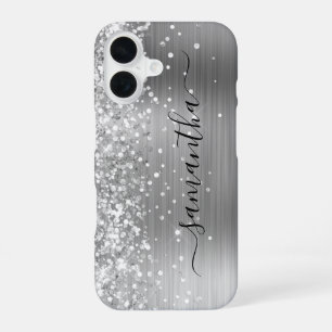 Glittery Silver Metallic Girly Signature iPhone 16 Hülle