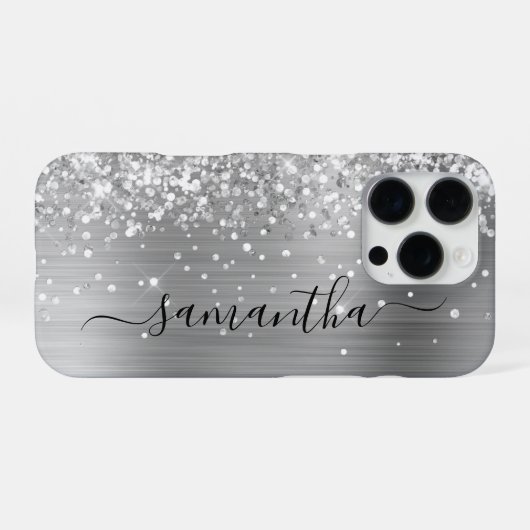Glittery Silver Metallic Girly Signature iPhone Hülle (Rückseite (Horizontal))