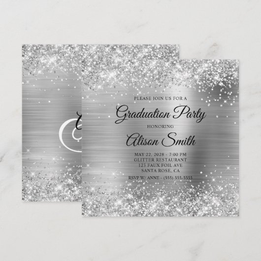 Glittery Silver Monogram Graduation Party Einladung (Vorne/Hinten)