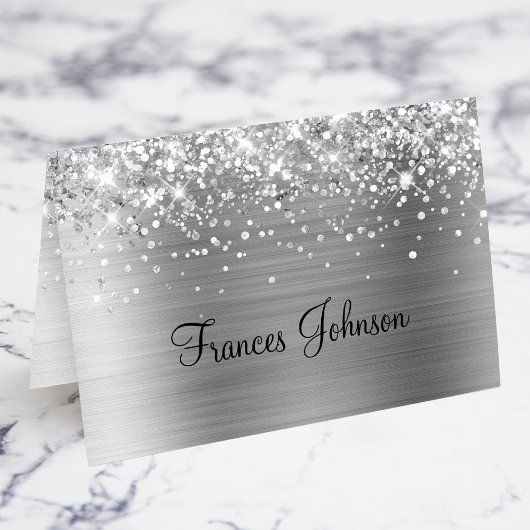 Glittery Silver Name Platzkarten Tischnummer