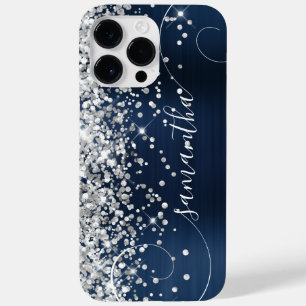 Glittery Silver Navy Blue Glam Curly Signature Case-Mate iPhone 14 Pro Max Hülle