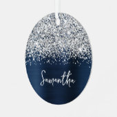 Glittery Silver Navy Blue Glam Name Ornament Aus Metall (Vorderseite links)