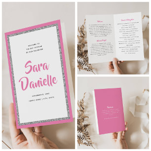 Glittery Silver & Pink Bat Mitzvah Faltprogramm Flyer