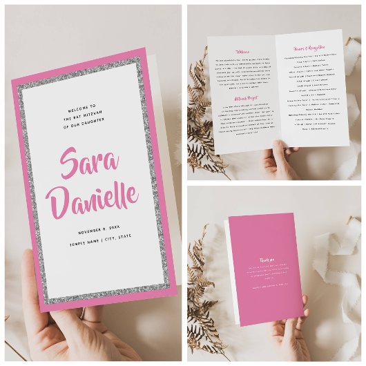 Glittery Silver & Pink Bat Mitzvah Faltprogramm Flyer