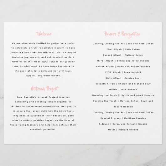 Glittery Silver & Pink Bat Mitzvah Faltprogramm Flyer (Hinten)