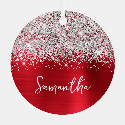 Glittery Silver Red Glam Name Ornament Aus Metall (Rückseite)