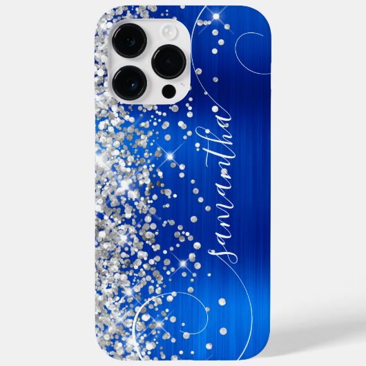 Glittery Silver Royal Blue Glam Curly Signature Case-Mate iPhone Hülle (Rückseite)