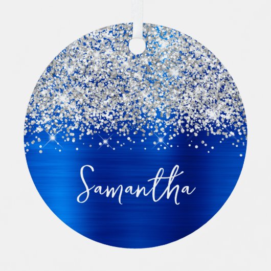Glittery Silver Royal Blue Glam Name Ornament Aus Metall (Vorderseite)