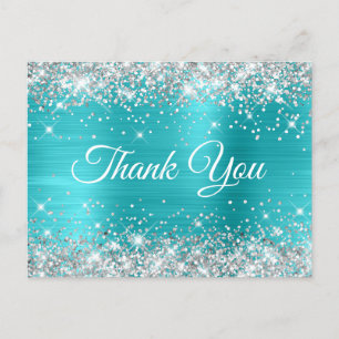 Glittery Silver Türkise Blue Sweet 16 Danke Postkarte