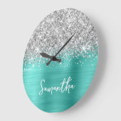 Glittery Silver Turquoise Glam White Script Name Große Wanduhr (Winkel)