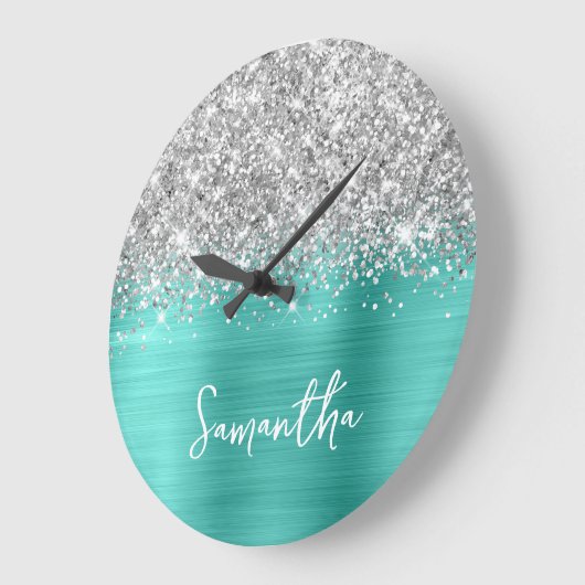 Glittery Silver Turquoise Glam White Script Name Große Wanduhr (Winkel)