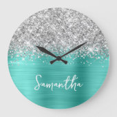 Glittery Silver Turquoise Glam White Script Name Große Wanduhr (Vorderseite)