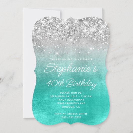Glittery Silver Turquoise Monogram 40. Geburtstag Einladung (Vorderseite)