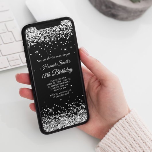 Glittery Silver und Black 18. Geburtstag Einladung