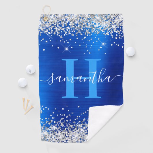 Glittery Silver und Royal Blue Foil Mit Monogramm Golfhandtuch (Insitu)