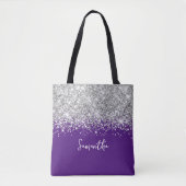 Glittery Silver und Royal Lila Glam Name Tasche (Vorderseite)