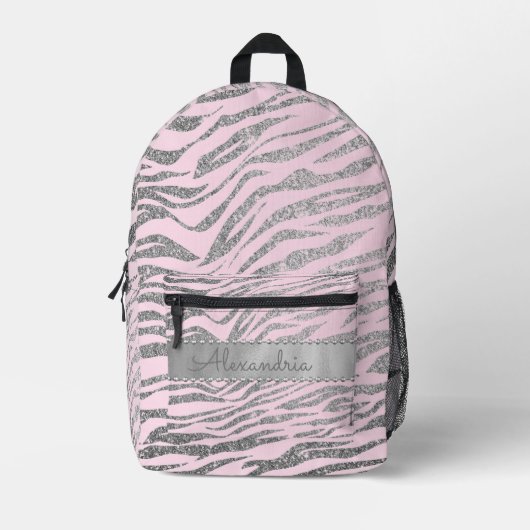 Glittery Silver Zebra Print on Pink Personalisiert Bedruckter Rucksack (Vorderseite)