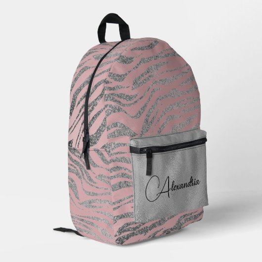 Glittery Silver Zebra Print on Pink Personalisiert Bedruckter Rucksack (Rückseitige Ecke links)