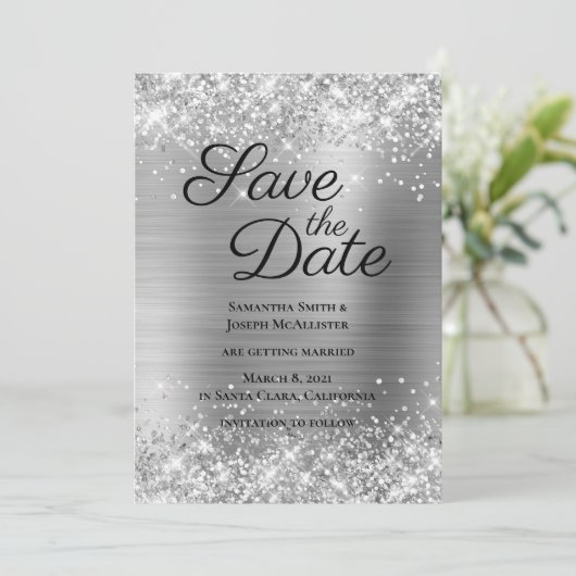 Glittery Silvery Gray Ombre Foil Save The Date (Stehend Vorderseite)