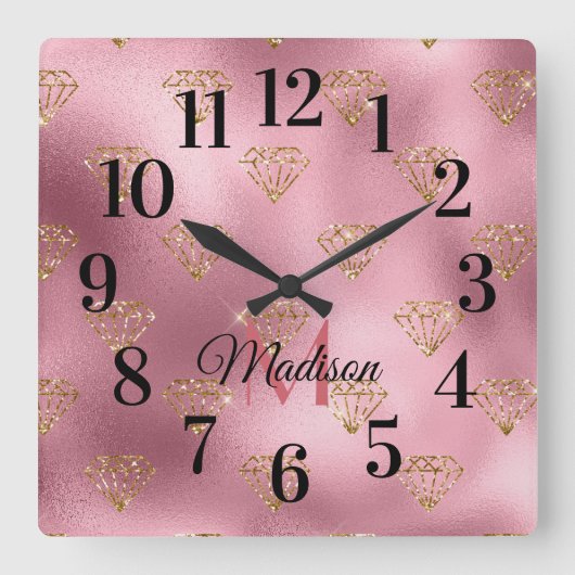 Glittery Sparkling Blush Pink Gold Monogram Name Quadratische Wanduhr (Vorderseite)