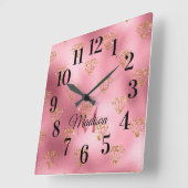 Glittery Sparkling Blush Pink Gold Monogram Name Quadratische Wanduhr (Winkel)