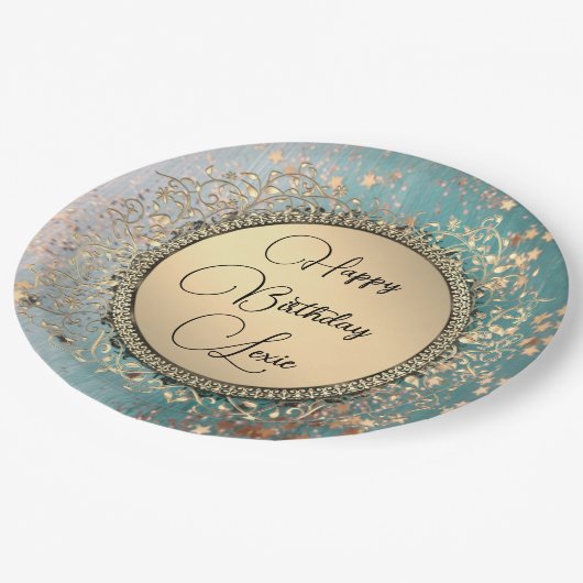 Glittery Stardust auf Blue Aquamarin Paper Tellers Pappteller (Schrägansicht)