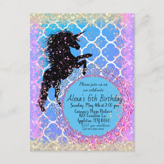 Glittery Starry Whimsical Unicorn Custom Postkarte (Vorderseite)