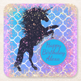 Glittery Starry Whimsical Unicorn Geburtstag Rechteckiger Pappuntersetzer