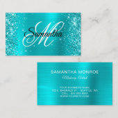 Glittery Türkise Blue Foil Extravagant Monogram Visitenkarte (Vorne/Hinten)
