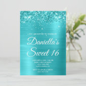 Glittery Türkise Blue Metallic Sweet 16 Einladung (Stehend Vorderseite)
