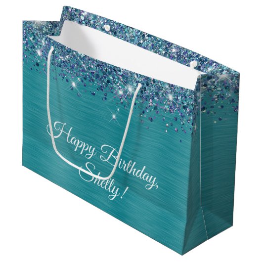 Glittery Türkise Personalisiert Happy Birthday Große Geschenktüte (Vorderseite Schrägansicht)