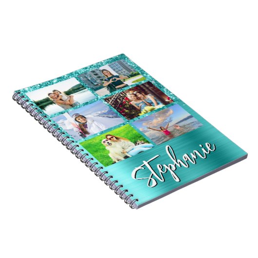 Glittery Turquoise Blue Glam 6 Photo Collage Notizblock (Rechte Seite)