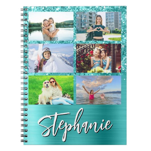 Glittery Turquoise Blue Glam 6 Photo Collage Notizblock (Vorderseite)