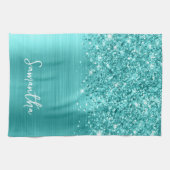 Glittery Turquoise Blue Glam Name Geschirrtuch (Horizontal)