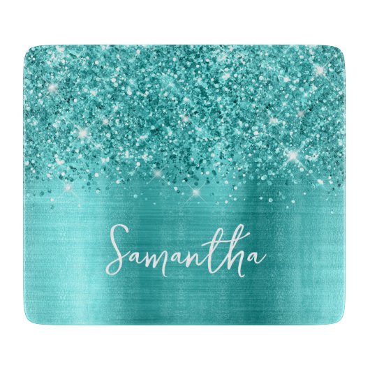 Glittery Turquoise Blue Glam Name Schneidebrett (Vorderseite)