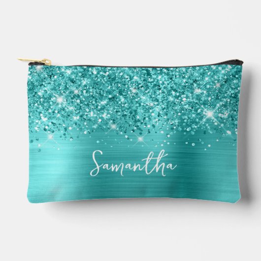 Glittery Turquoise Blue Glam Script Name Zubehörtasche (Vorderseite)