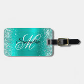 Glittery Turquoise Foil Extravagant Monogram Gepäckanhänger (Vorderseite horizontal)