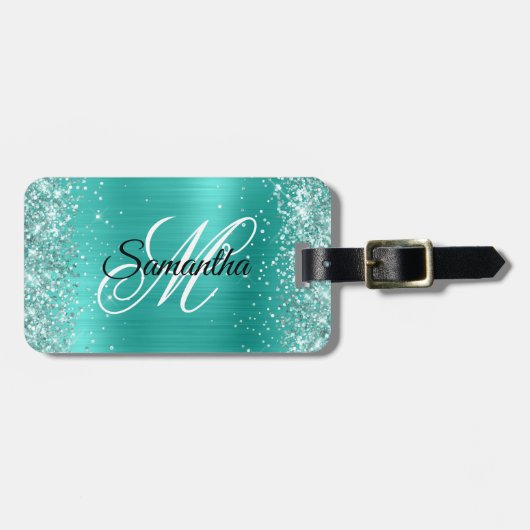 Glittery Turquoise Foil Extravagant Monogram Gepäckanhänger (Vorderseite horizontal)