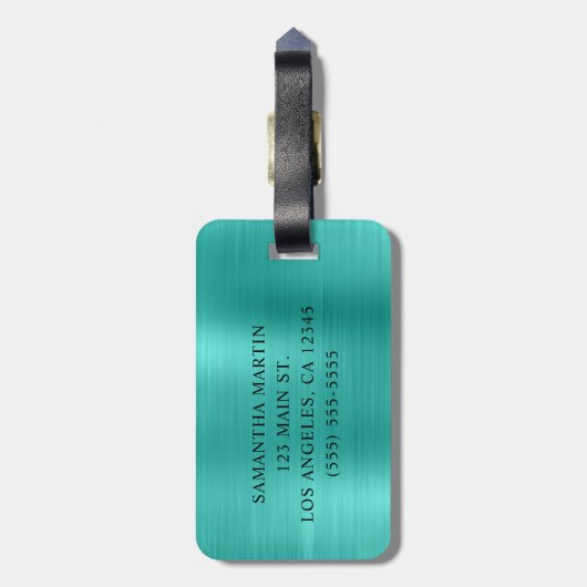 Glittery Turquoise Foil Extravagant Monogram Gepäckanhänger (Rückseite vertikal)