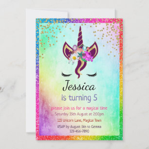 Glittery Unicorn Girl's 5. Party Einladung