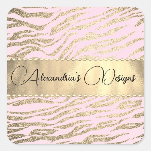 Glittery Zebra Print on Pink Logo Personalisiert Quadratischer Aufkleber (Vorderseite)