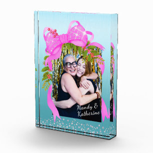 Glitting Pink Ribbon Christmas Blue Fotoblock