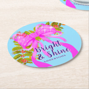 Glitting Pink Ribbon Christmas Blue Runder Pappuntersetzer