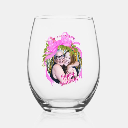 Glitting Pink Ribbon Christmas Blue Weinglas Ohne Stiel (Vorderseite)