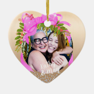 Glitting Pink Ribbon Foto Weihnachten Gold Keramik Ornament