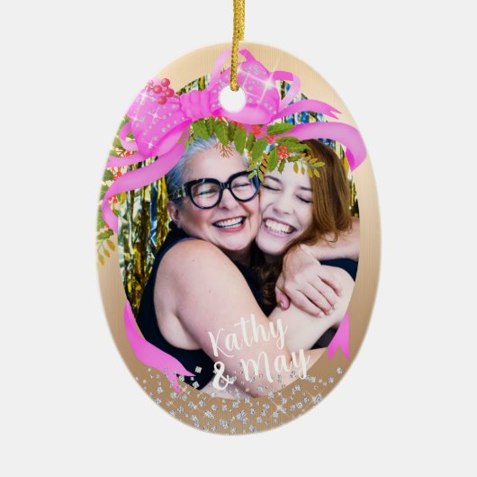 Glitting Pink Ribbon Foto Weihnachten Gold Keramik Ornament (Vorne)