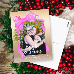 Glitting Pink Ribbon Foto Weihnachten Gold Postkarte