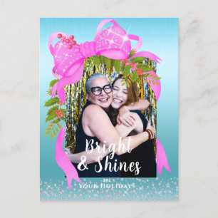 Glitting Pink Ribbon Foto Weihnachtsblau Postkarte
