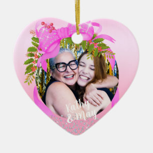 Glitting Pink Ribbon Foto Weihnachtsrosa Keramik Ornament