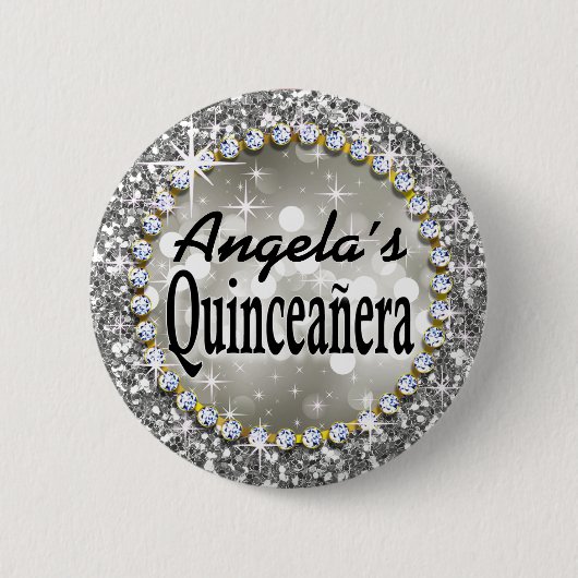 Glitz bezauberndes Bling Quinceañera Feiersilber Button (Vorderseite)